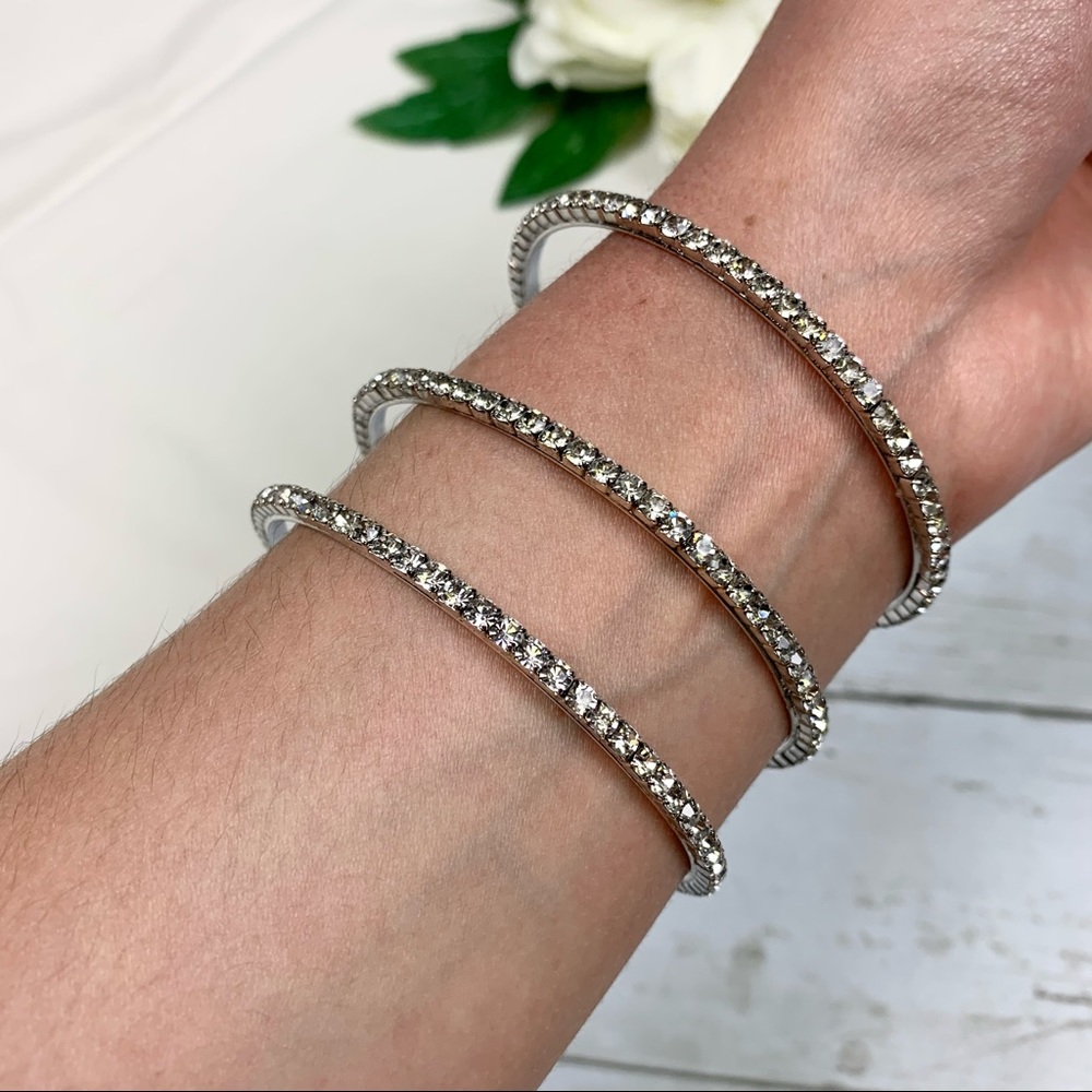 Silver Clear Rhinestone Bangles Set of 3